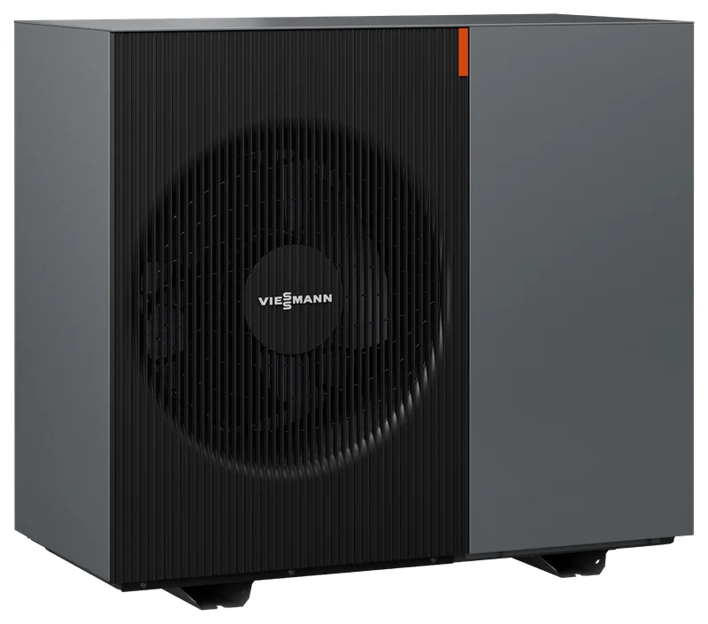 Manufacturer photo of the Viessmann Vitocal 200-A ie outdoor unit in anthracite with a black fan panel