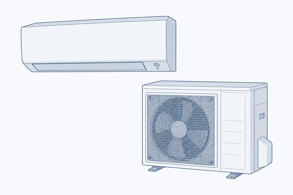 Line drawing of a split air-to-air heat pump: a slim wall-mounted indoor unit above an outdoor unit with a large fan grille on two feet
