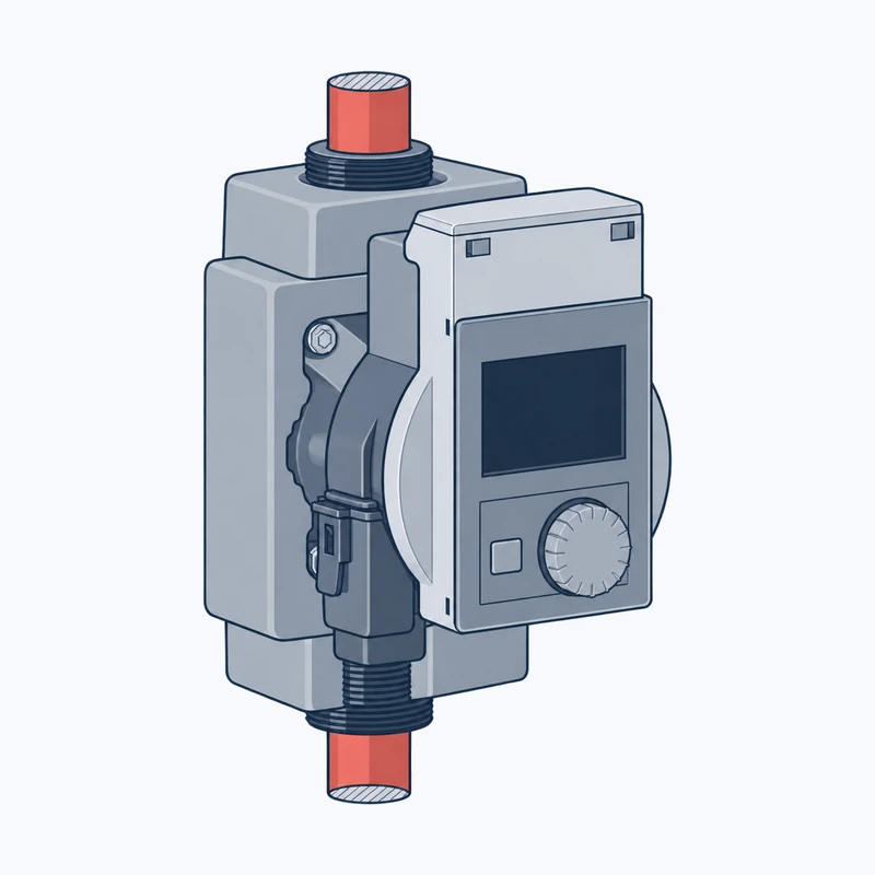 Drawing of a circulation pump with a control module, display and dial, fitted in a vertical heating pipe