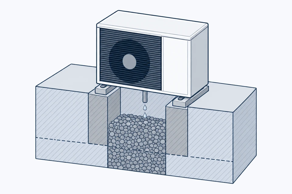 Drawing of an outdoor unit on two concrete strips, with a pit filled with gravel below it and water dripping from the unit into the pit