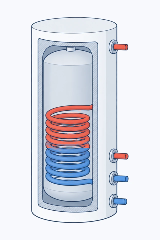 A cut-away hot-water cylinder with a coil in its lower half, red at the top and blue at the bottom, and connections on the side