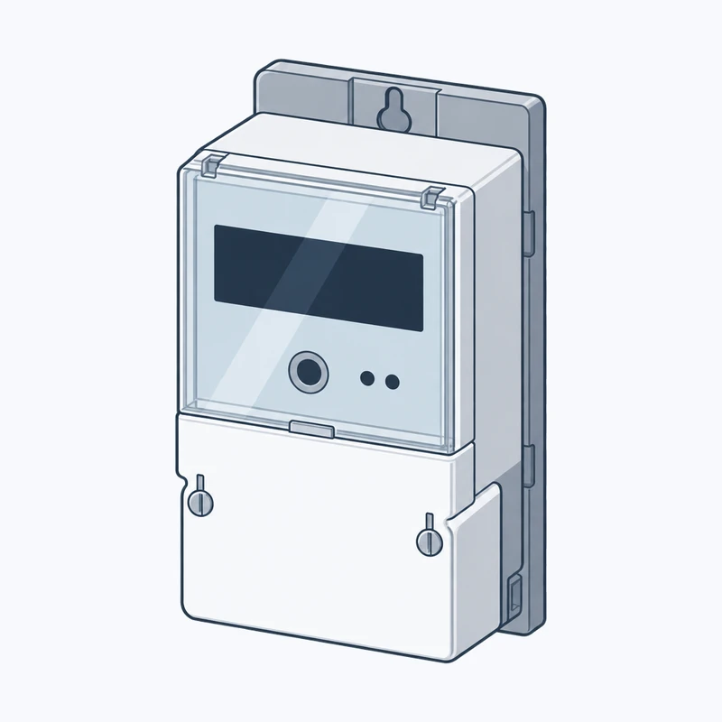 Drawing of an electronic electricity meter with a display and a terminal cover, mounted on a backing plate