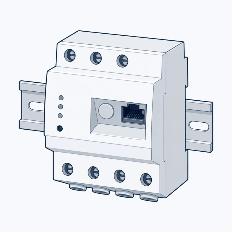 Drawing of a DIN-rail energy manager with screw terminals, status lights and a network socket
