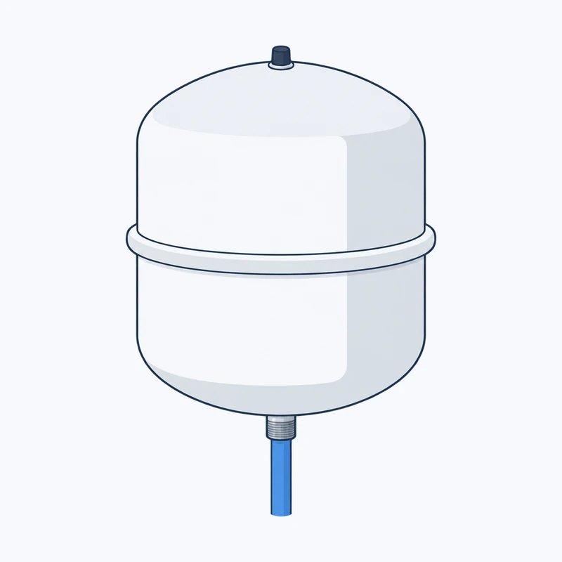 Drawing of a white expansion vessel with a seam around its middle, a small valve on top and a pipe connection with a blue pipe underneath