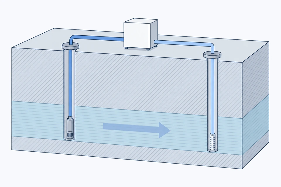 Cross-section of the ground with two boreholes reaching a water-bearing layer; a pump hangs in the left one, pipes link both to a unit on the surface and an arrow shows the groundwater flowing from left to right