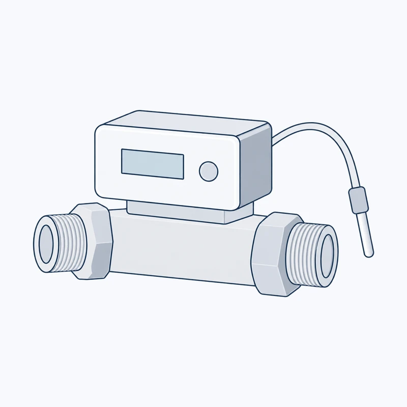 Heat meter with a small display on a short pipe section with two threaded connections, and a temperature sensor on a cable