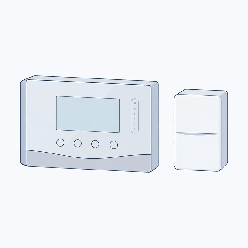 Drawing of a wall-mounted heating controller with a display, four buttons and a row of lights, beside a small outdoor sensor in a white housing