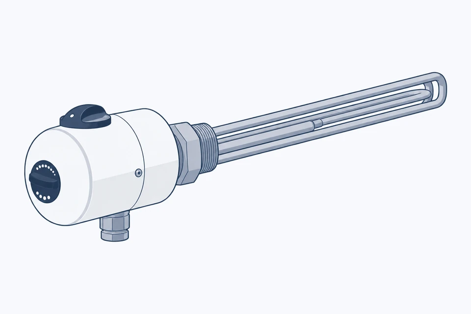 Screw-in electric immersion heater with a white terminal head, a dial and a cable gland, a threaded boss and long U-shaped heating elements