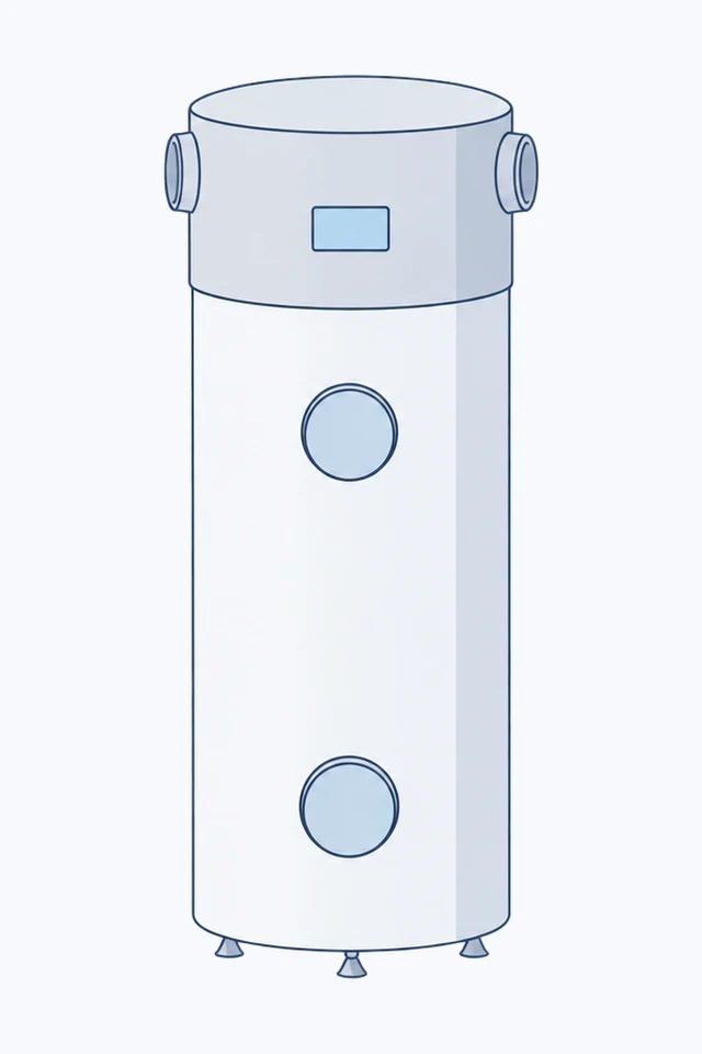 A standing hot water heat pump: a light grey top section with a display and two round air connections, above a tall white cylinder with two round panels on the front, on three feet