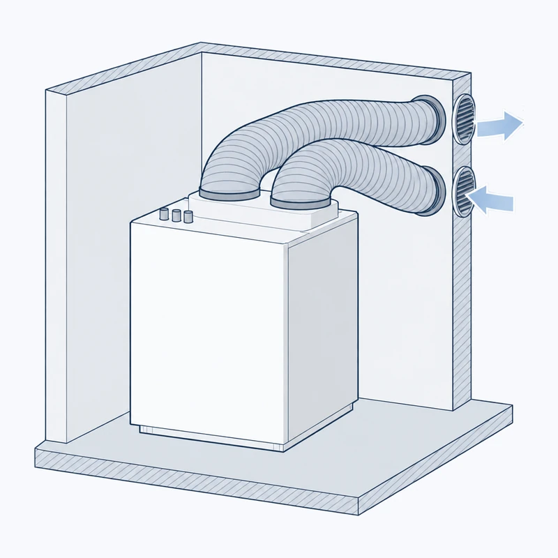 Drawing of an indoor heat pump unit in a room, with two air ducts running to openings in the outside wall and arrows showing air drawn in and blown out