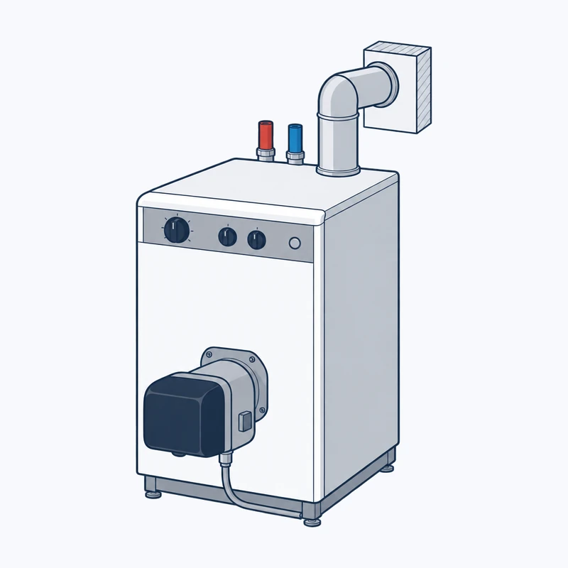 Drawing of a floor-standing oil boiler with the burner on its front, a control panel with dials and a flue pipe running to the wall