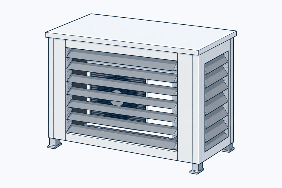 Drawing of an outdoor unit inside an acoustic enclosure with louvres on the front and sides
