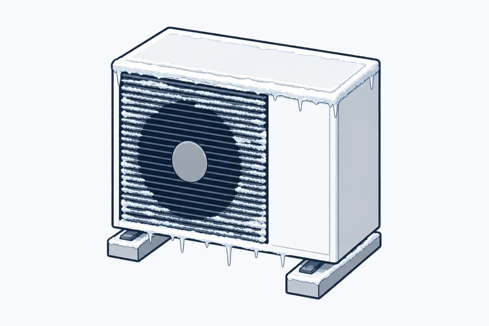 Drawing of an outdoor heat pump unit with frost on the fan grille, snow on top and icicles along its lower edge