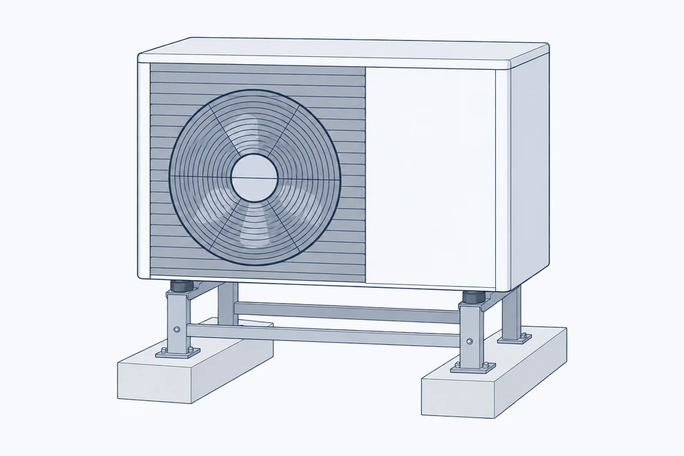 Drawing of an outdoor unit on a metal floor stand resting on two concrete plinths