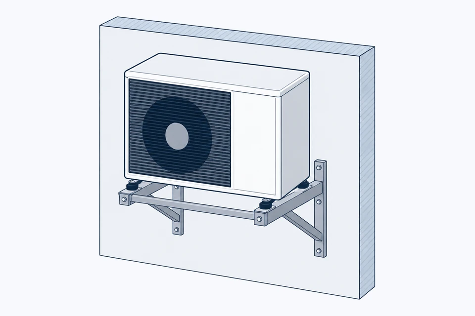 Drawing of an outdoor unit on two wall brackets fixed to a house wall, with rubber mounts under its feet