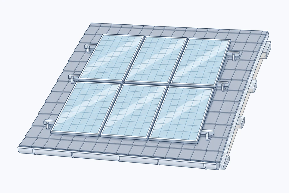 Drawing of a tiled roof with six solar panels in two rows, fixed with roof hooks