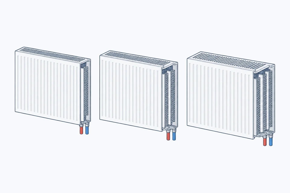 Three panel radiators of the same size side by side, cut away at the side: with one, two and three panels and fins between them