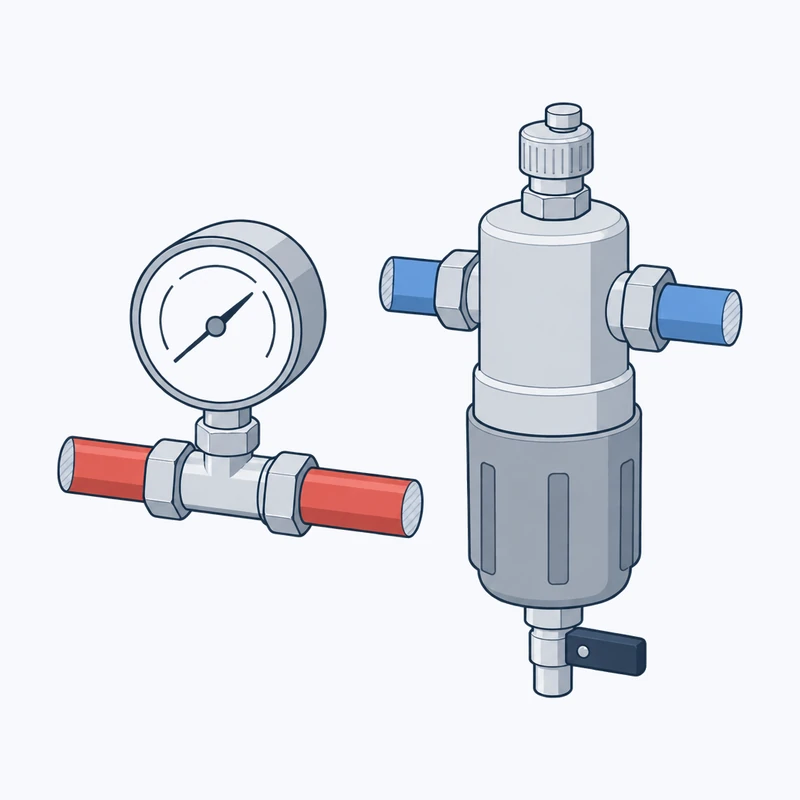 A pressure gauge with a needle on a section of heating pipe, and beside it a cylindrical system filter with pipe connections on both sides and a drain valve at the bottom