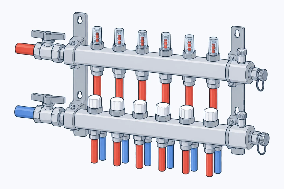 Underfloor heating manifold on a wall: a flow bar with six flow meters on top, a return bar with six valves below and a pair of pipes for each loop