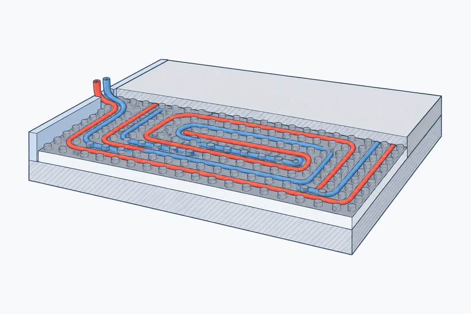 Section of a floor being built up: on the insulation a studded board holds a heating pipe laid in loops, warm in red and cooled in blue; at the back screed already covers the pipes